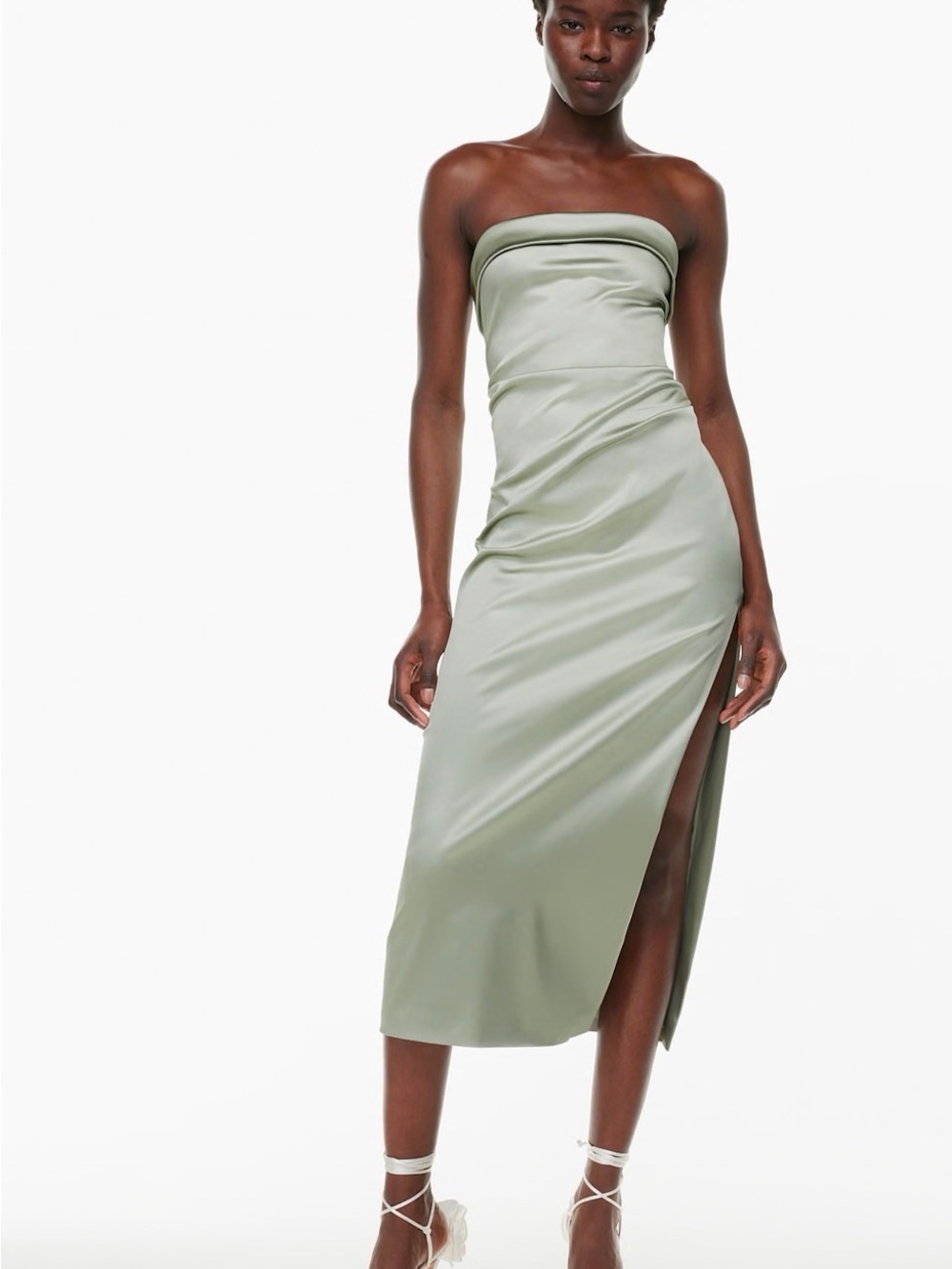 Aritzia Strapless Satin Dress in Silver Sage